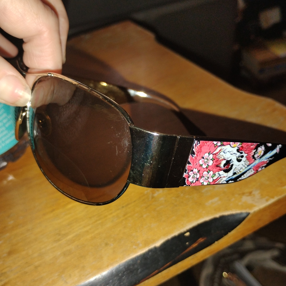 Ed Hardy Black Sunglasses with Pink Floral Design